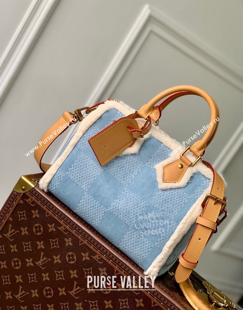 Louis Vuitton Speedy 25 Bandouliere bag in Blue Damier Denim Canvas and White Shearling N40700 2024 (KI-241210070)