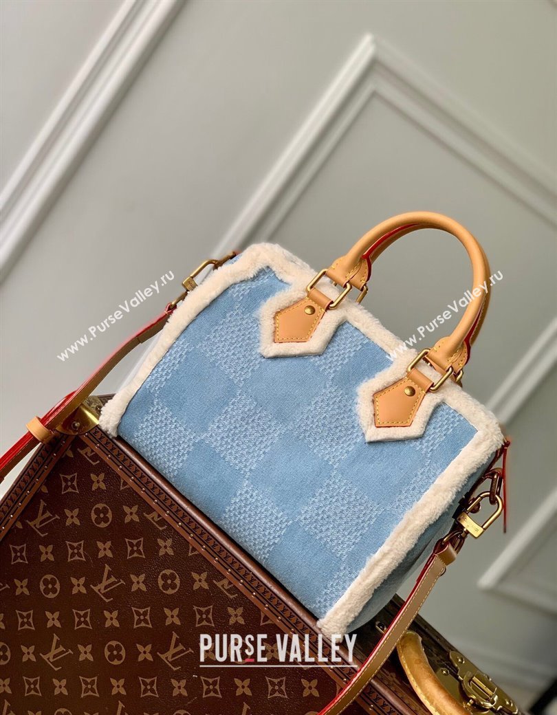 Louis Vuitton Speedy 25 Bandouliere bag in Blue Damier Denim Canvas and White Shearling N40700 2024 (KI-241210070)