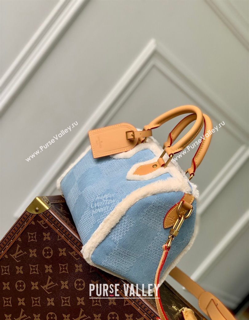 Louis Vuitton Speedy 25 Bandouliere bag in Blue Damier Denim Canvas and White Shearling N40700 2024 (KI-241210070)