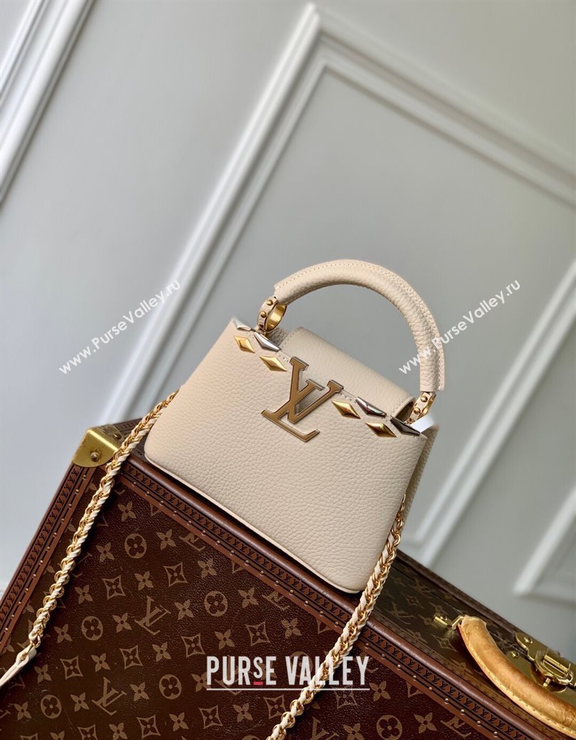 Louis Vuitton Capucines Mini Bag in Black Taurillon Leather with Maxi Studs M12751 Quartz Beige 2025 (KI-250212045)