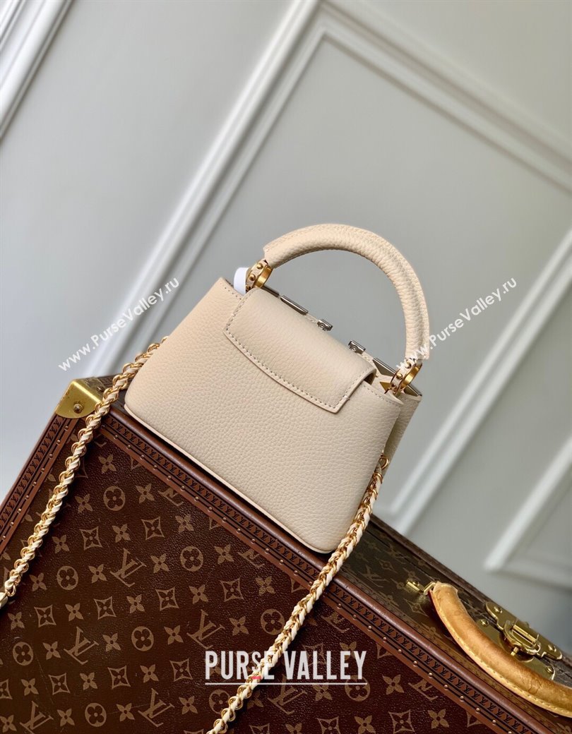 Louis Vuitton Capucines Mini Bag in Black Taurillon Leather with Maxi Studs M12751 Quartz Beige 2025 (KI-250212045)