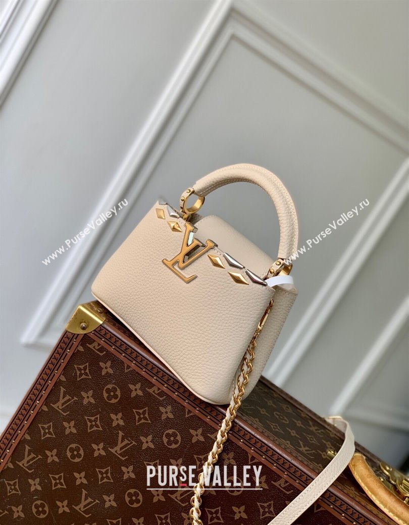 Louis Vuitton Capucines Mini Bag in Black Taurillon Leather with Maxi Studs M12751 Quartz Beige 2025 (KI-250212045)
