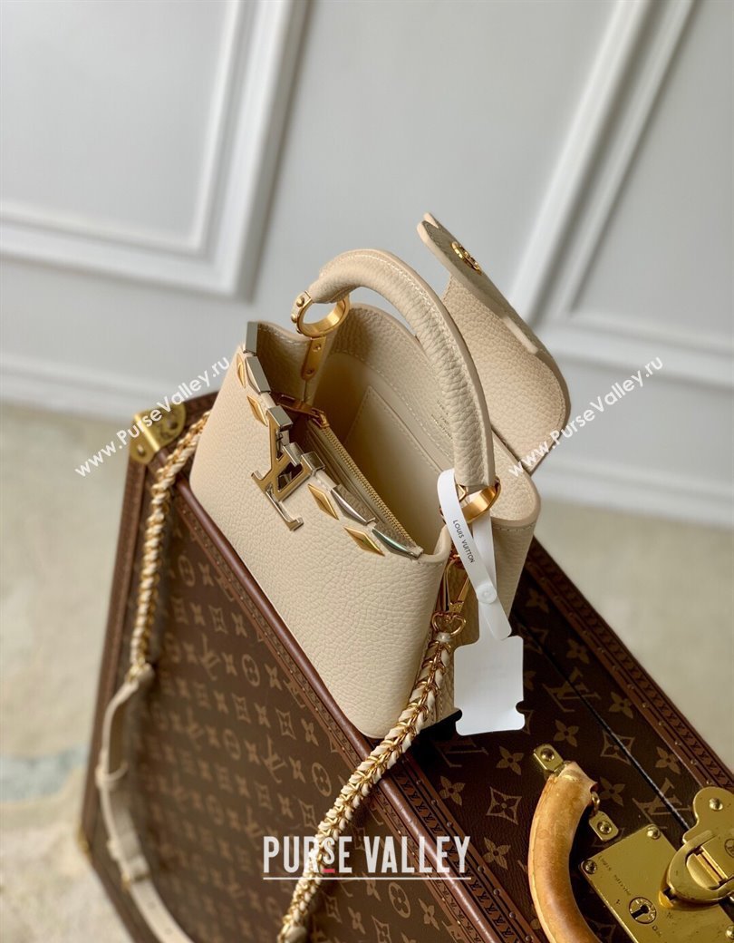 Louis Vuitton Capucines Mini Bag in Black Taurillon Leather with Maxi Studs M12751 Quartz Beige 2025 (KI-250212045)