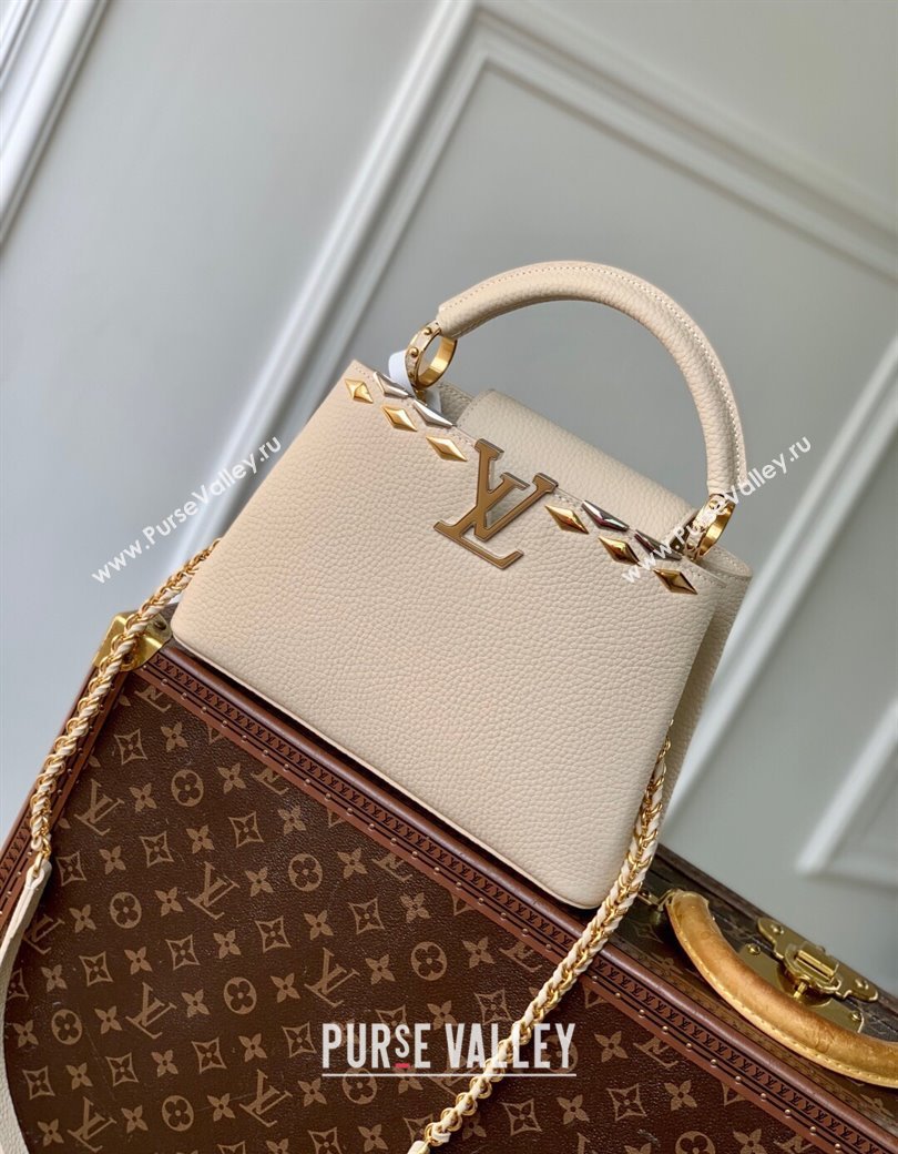 Louis Vuitton Capucines BB Bag in Black Taurillon Leather with Maxi Studs M11964 Quartz Beige 2025 (KI-250212048)