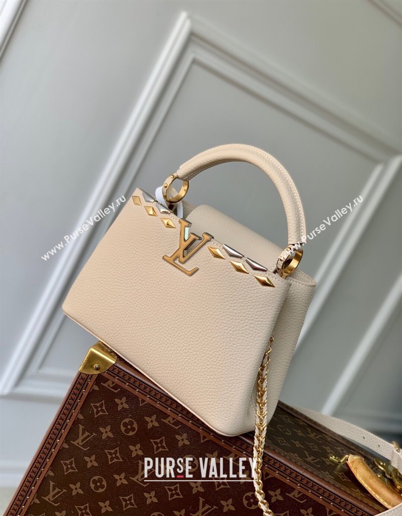 Louis Vuitton Capucines BB Bag in Black Taurillon Leather with Maxi Studs M11964 Quartz Beige 2025 (KI-250212048)