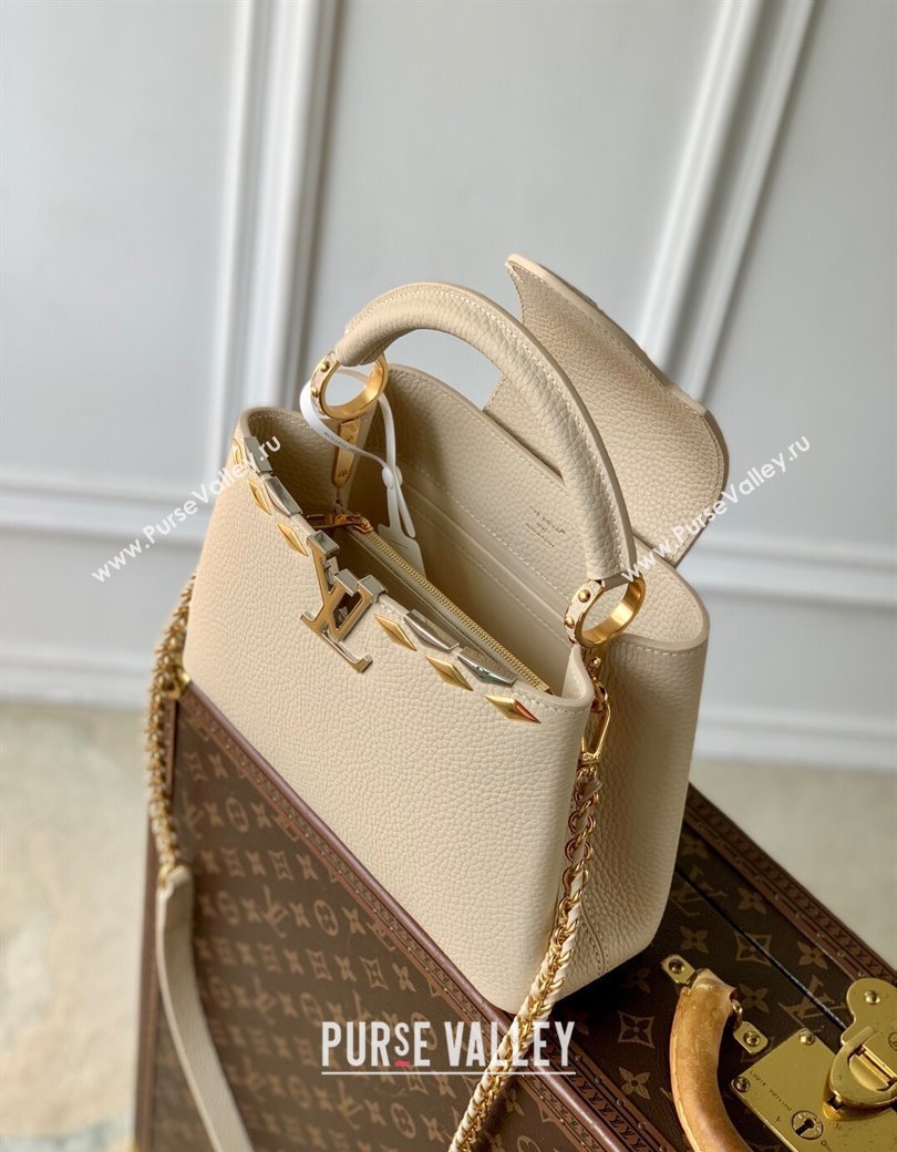 Louis Vuitton Capucines BB Bag in Black Taurillon Leather with Maxi Studs M11964 Quartz Beige 2025 (KI-250212048)