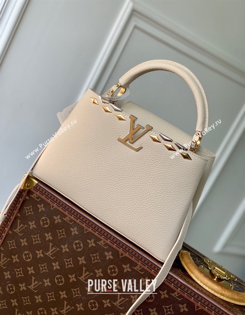 Louis Vuitton Capucines MM Bag in Black Taurillon Leather with Maxi Studs M12135 Quartz Beige 2025 (KI-250212049)