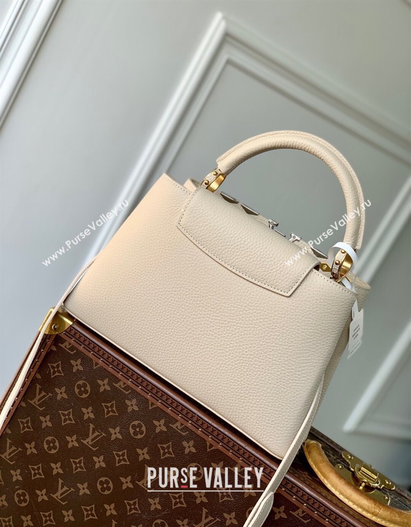 Louis Vuitton Capucines MM Bag in Black Taurillon Leather with Maxi Studs M12135 Quartz Beige 2025 (KI-250212049)