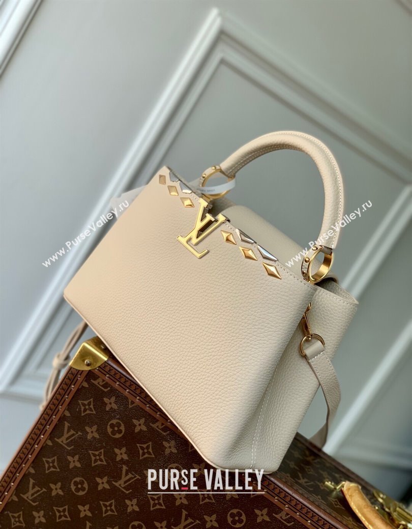 Louis Vuitton Capucines MM Bag in Black Taurillon Leather with Maxi Studs M12135 Quartz Beige 2025 (KI-250212049)