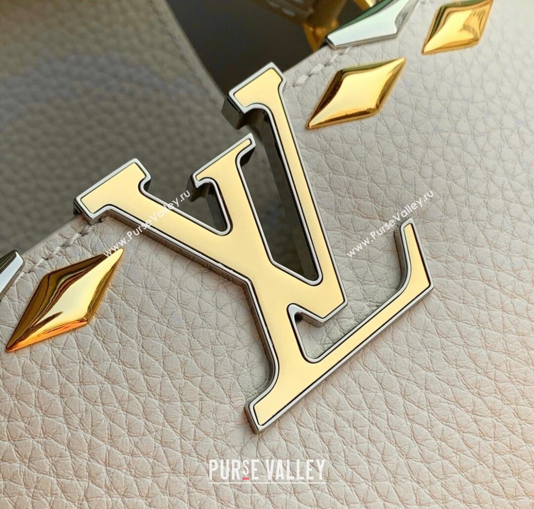 Louis Vuitton Capucines MM Bag in Black Taurillon Leather with Maxi Studs M12135 Quartz Beige 2025 (KI-250212049)