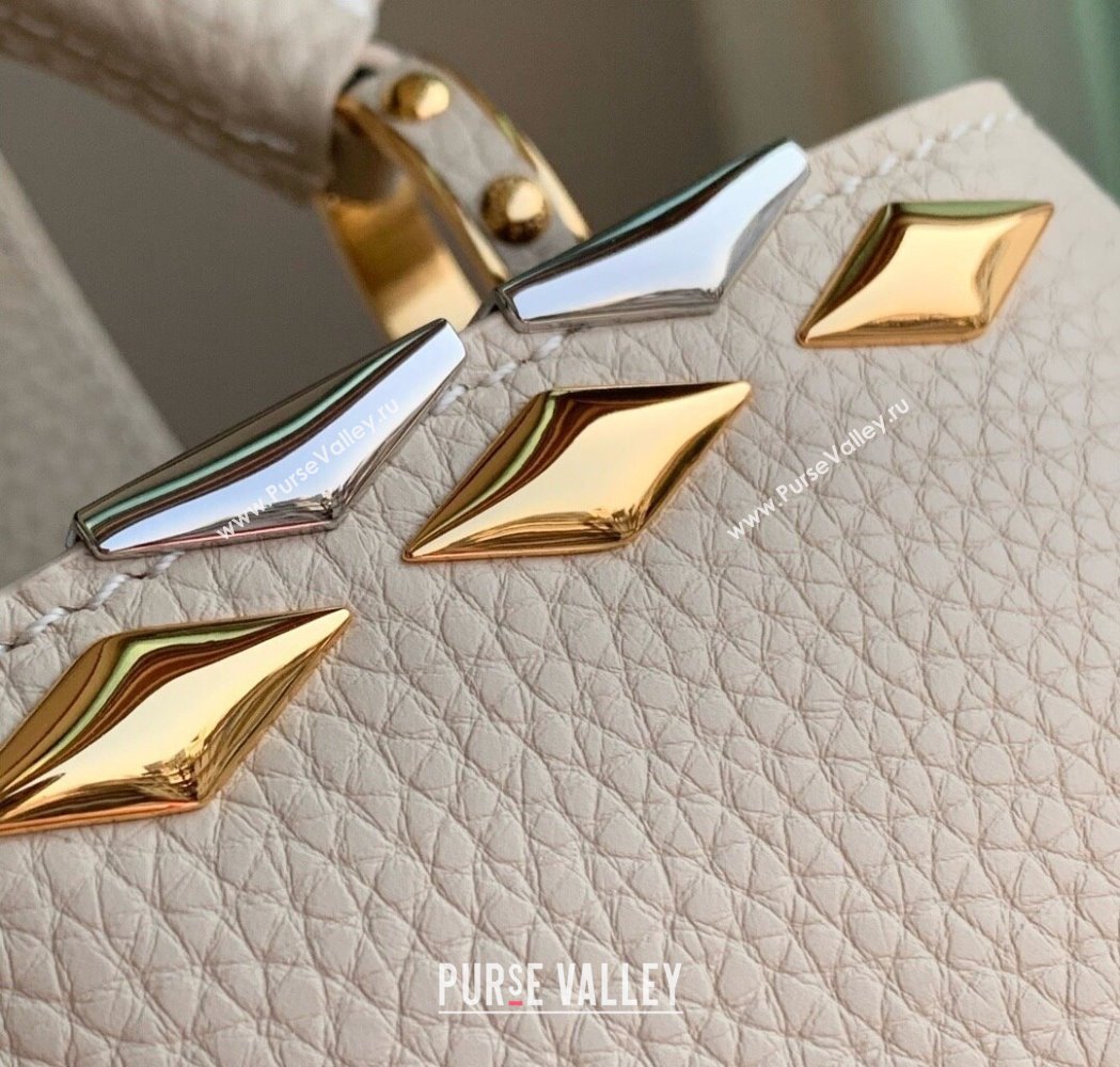 Louis Vuitton Capucines MM Bag in Black Taurillon Leather with Maxi Studs M12135 Quartz Beige 2025 (KI-250212049)