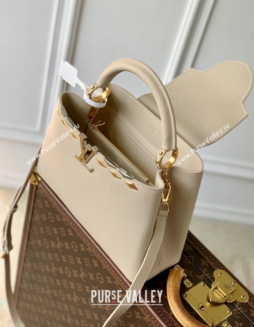 Louis Vuitton Capucines MM Bag in Black Taurillon Leather with Maxi Studs M12135 Quartz Beige 2025 (KI-250212049)