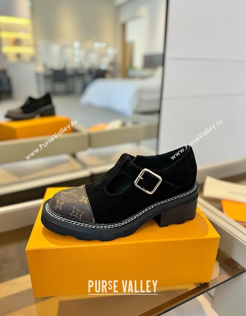 Louis Vuitton Suede and Monogram Canvas Platform Mary Janes Loafers Black 2025 (MD-250222040)