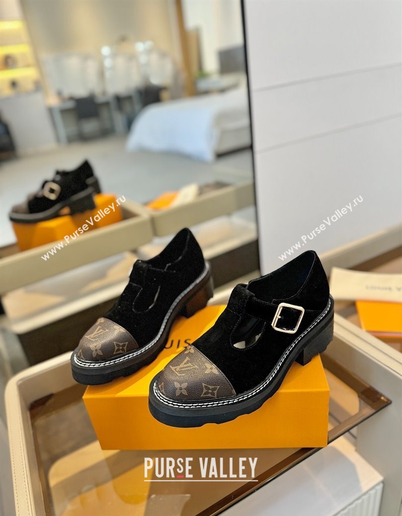 Louis Vuitton Suede and Monogram Canvas Platform Mary Janes Loafers Black 2025 (MD-250222040)