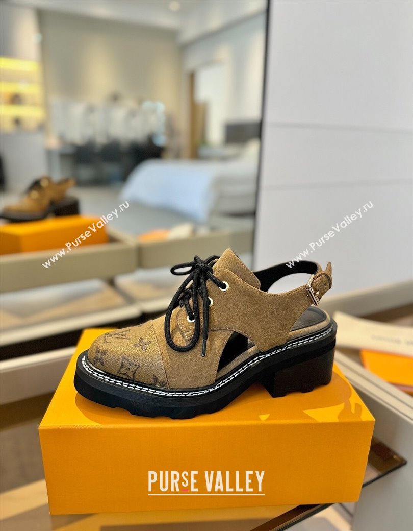 Louis Vuitton Open Back Lace-up Shoes in Suede and Monogram Canvas Brown 2025 (MD-250222042)