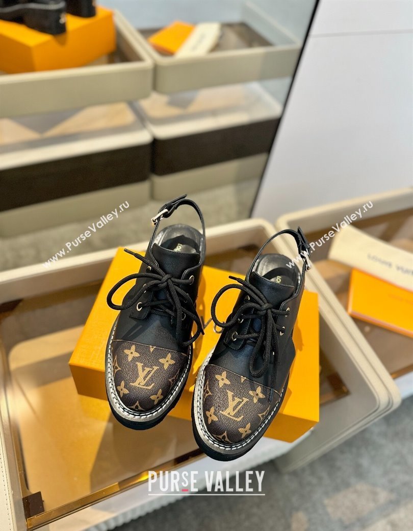 Louis Vuitton Open Back Lace-up Shoes in Leather and Monogram Canvas Black 2025 (MD-250222043)