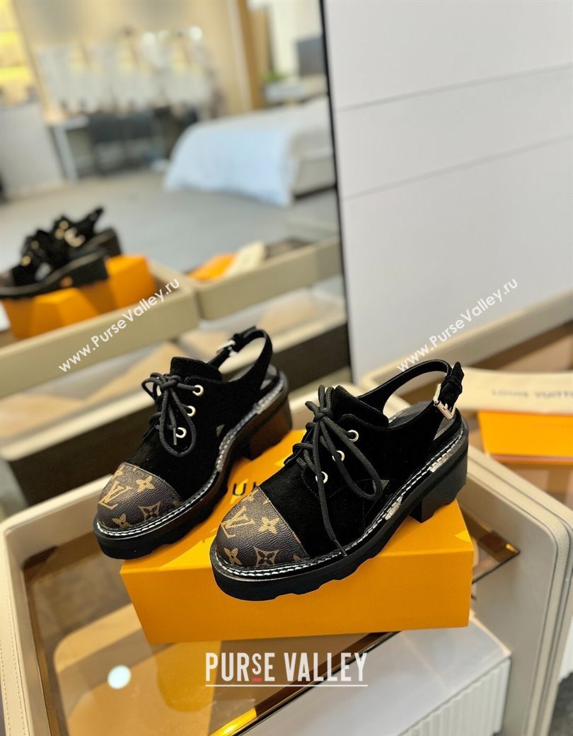 Louis Vuitton Open Back Lace-up Shoes in Suede and Monogram Canvas Black 2025 (MD-250222045)