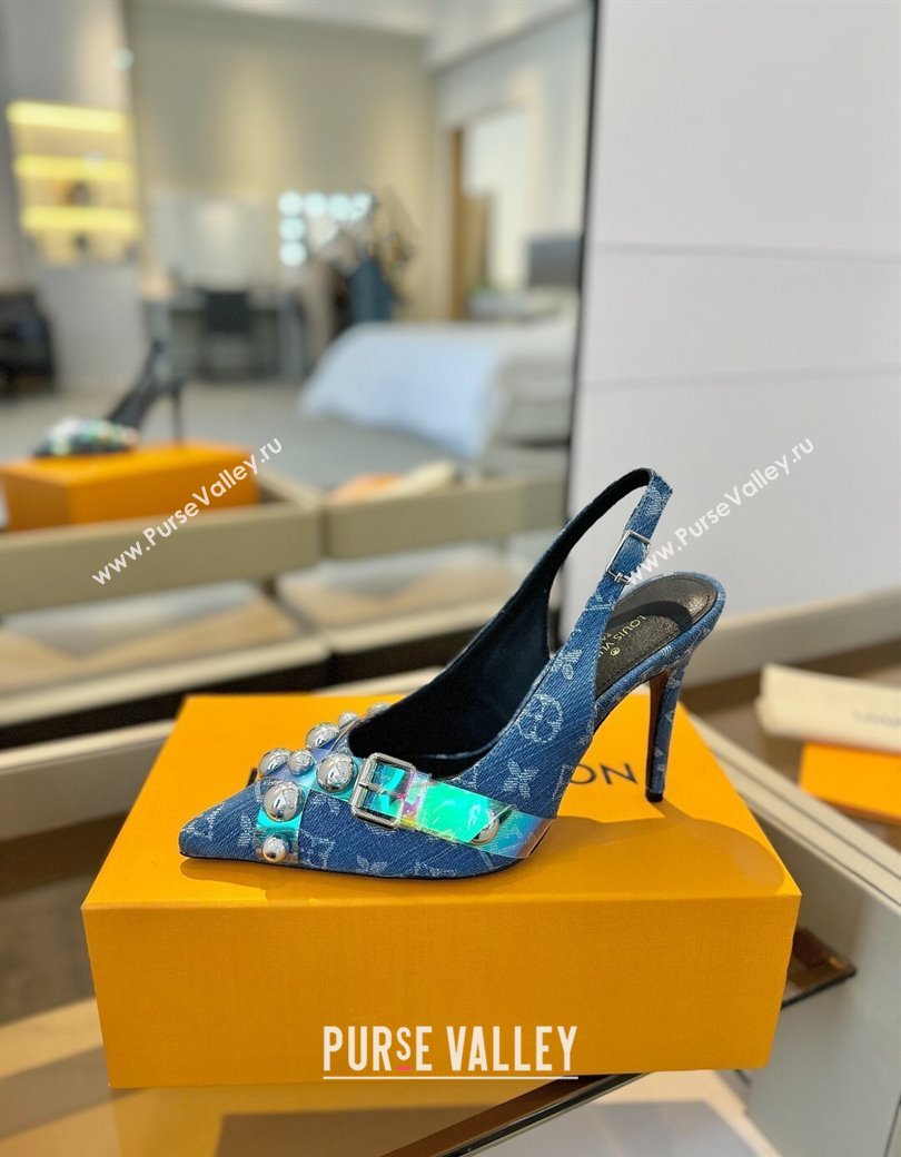 Louis Vuitton Monogram Denim Slingback Pumps 9.5cm with Studs Blue 2025 0222 (SS-250222048)
