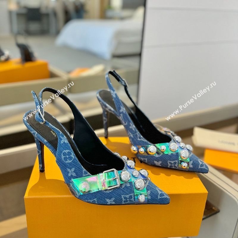 Louis Vuitton Monogram Denim Slingback Pumps 9.5cm with Studs Blue 2025 0222 (SS-250222048)