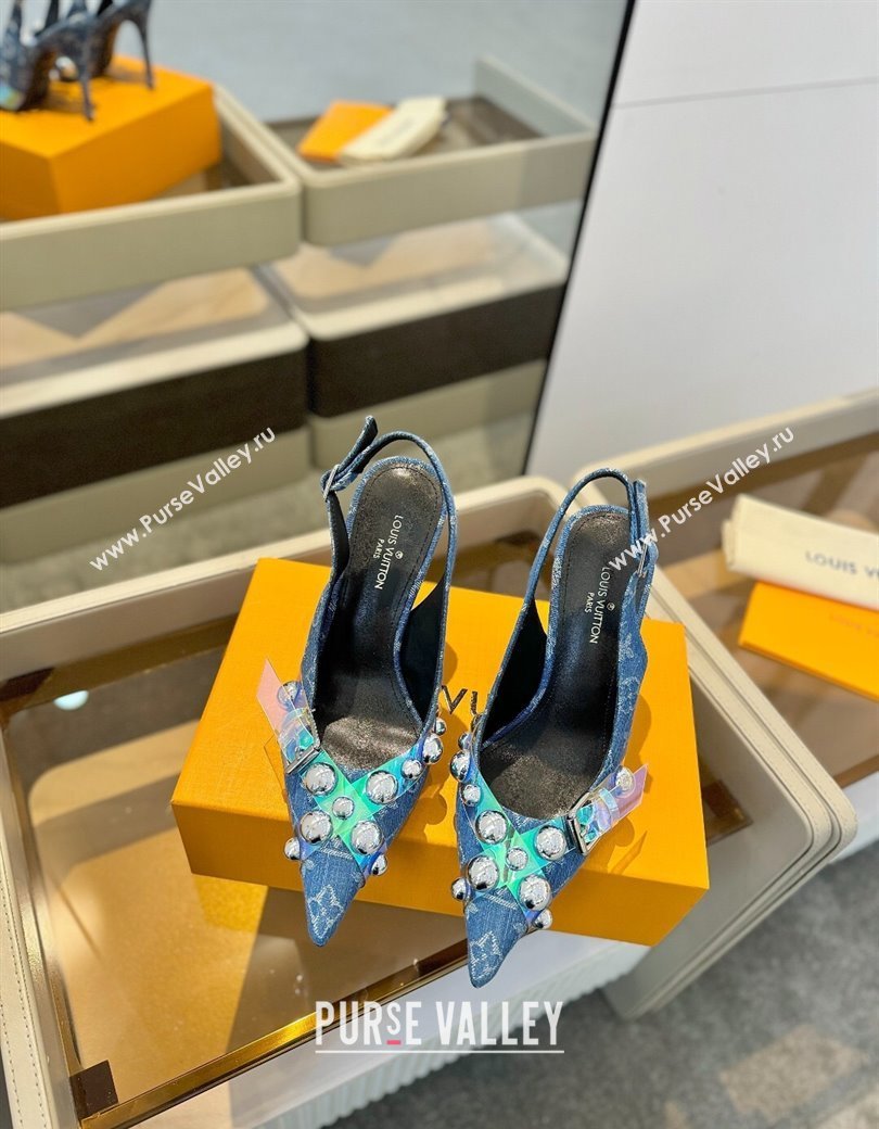 Louis Vuitton Monogram Denim Slingback Pumps 9.5cm with Studs Blue 2025 0222 (SS-250222048)