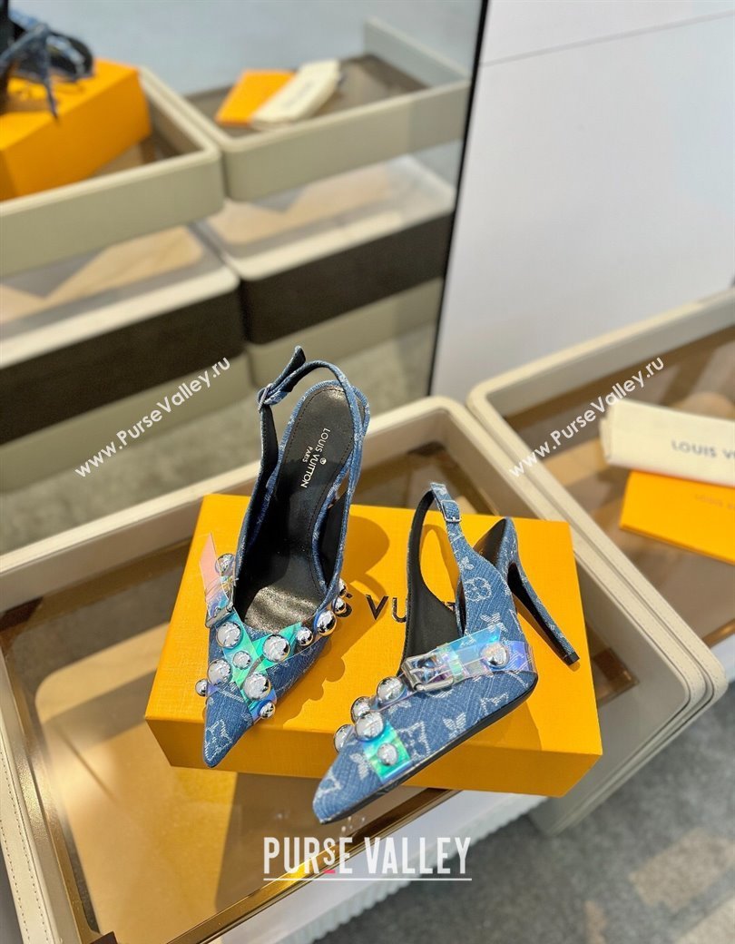 Louis Vuitton Monogram Denim Slingback Pumps 9.5cm with Studs Blue 2025 0222 (SS-250222048)