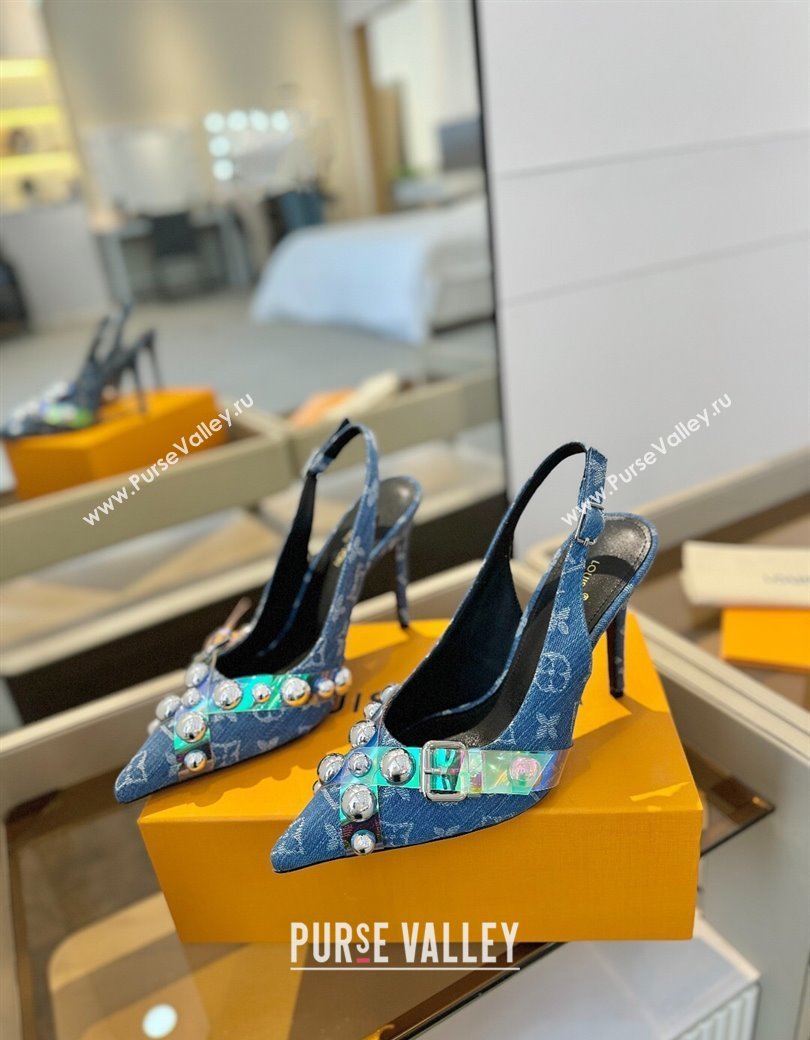 Louis Vuitton Monogram Denim Slingback Pumps 9.5cm with Studs Blue 2025 0222 (SS-250222048)