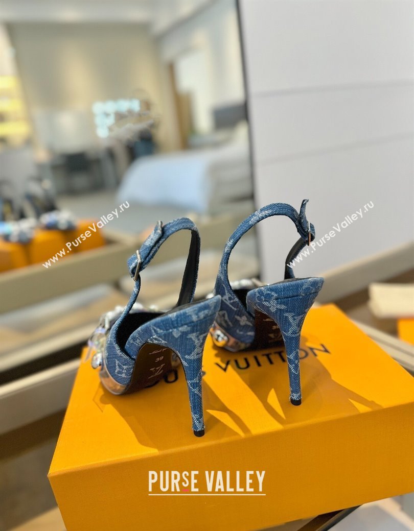 Louis Vuitton Monogram Denim Slingback Pumps 9.5cm with Studs Blue 2025 0222 (SS-250222048)