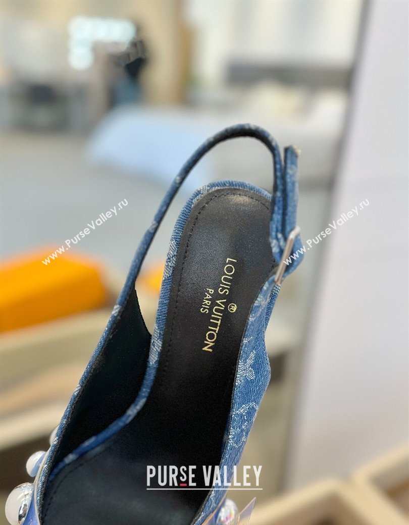 Louis Vuitton Monogram Denim Slingback Pumps 9.5cm with Studs Blue 2025 0222 (SS-250222048)