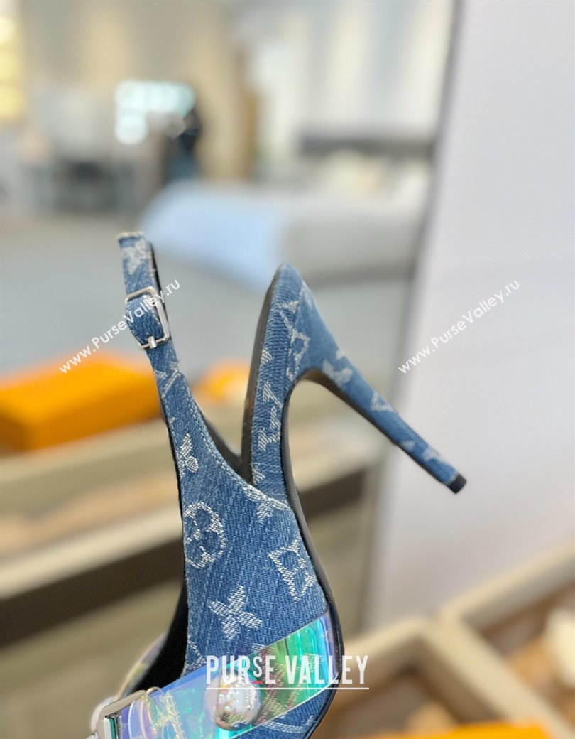 Louis Vuitton Monogram Denim Slingback Pumps 9.5cm with Studs Blue 2025 0222 (SS-250222048)
