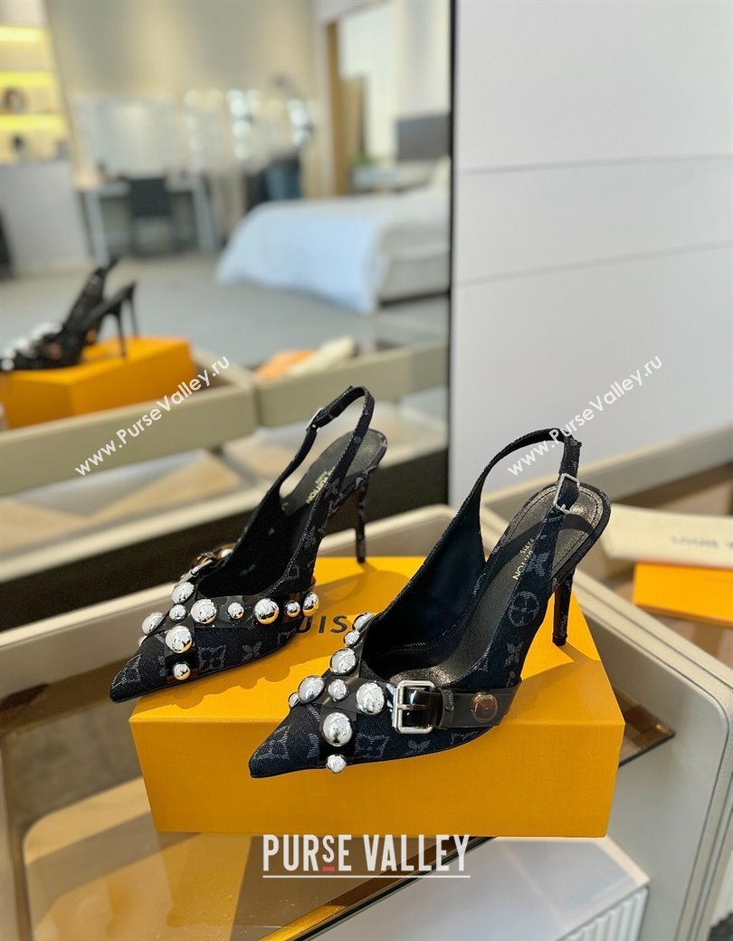 Louis Vuitton Monogram Denim Slingback Pumps 9.5cm with Studs Black 2025 0222 (SS-250222049)