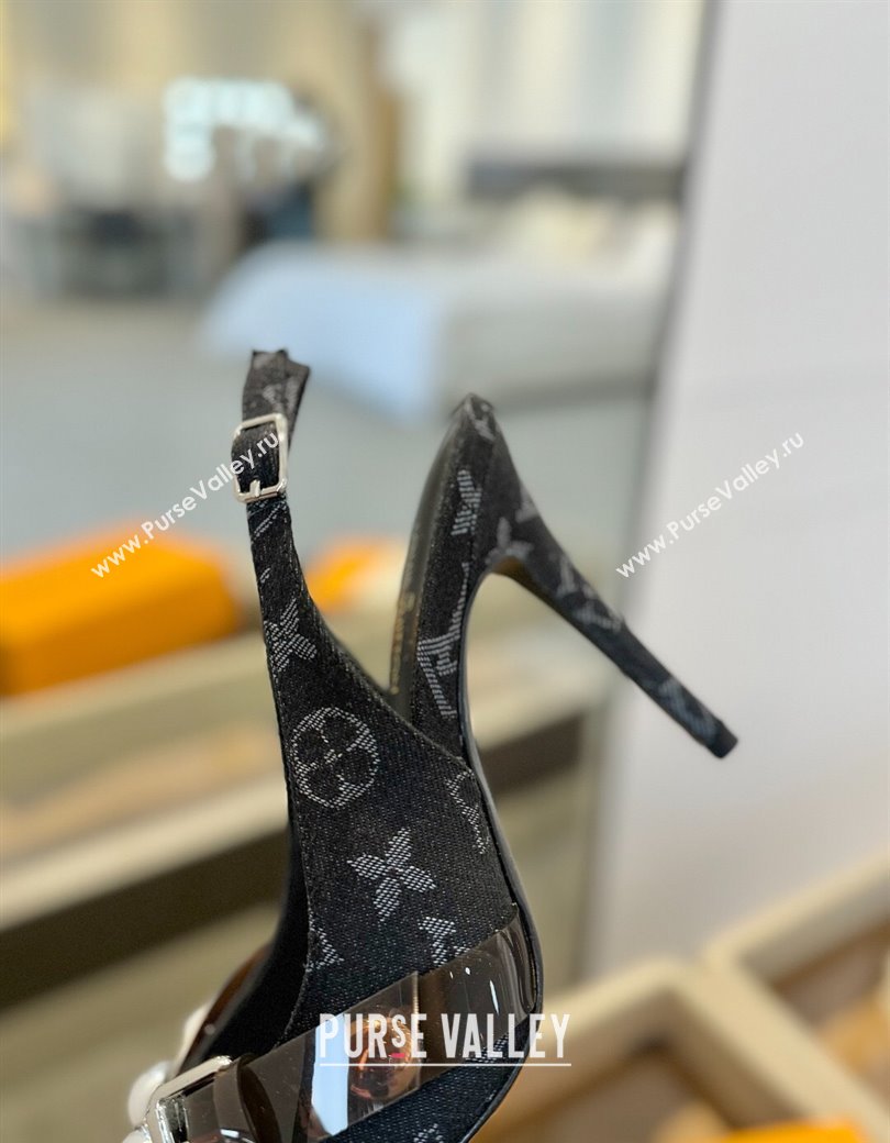 Louis Vuitton Monogram Denim Slingback Pumps 9.5cm with Studs Black 2025 0222 (SS-250222049)