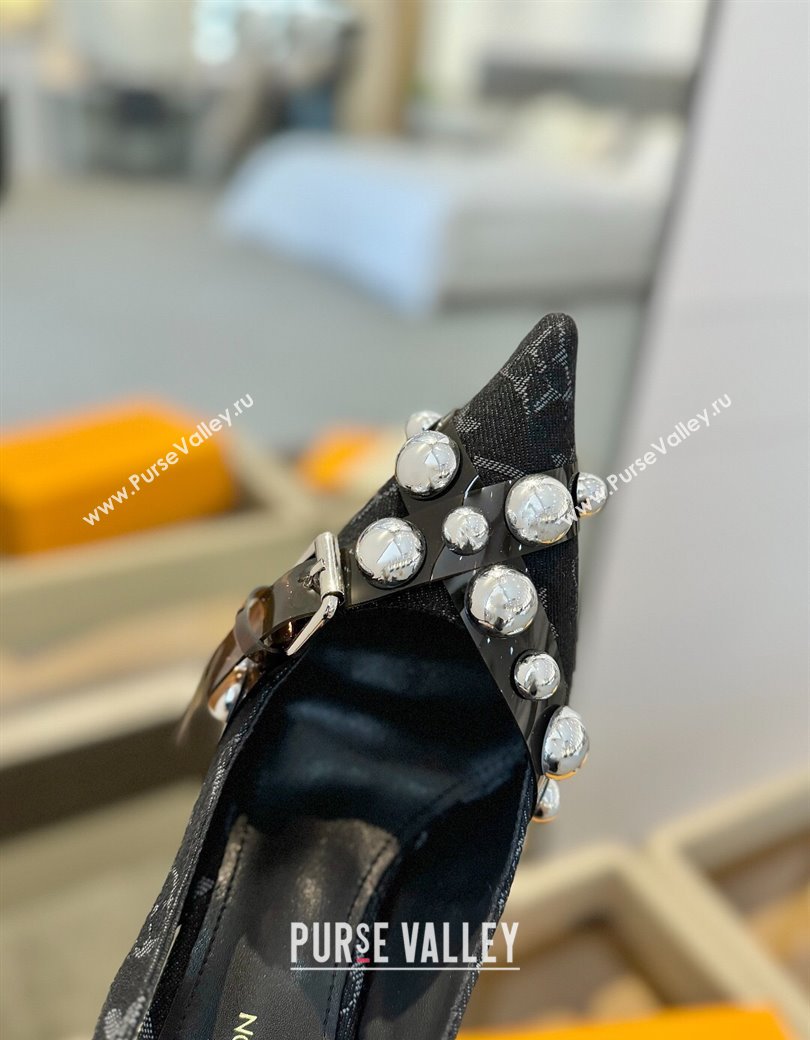 Louis Vuitton Monogram Denim Slingback Pumps 9.5cm with Studs Black 2025 0222 (SS-250222049)