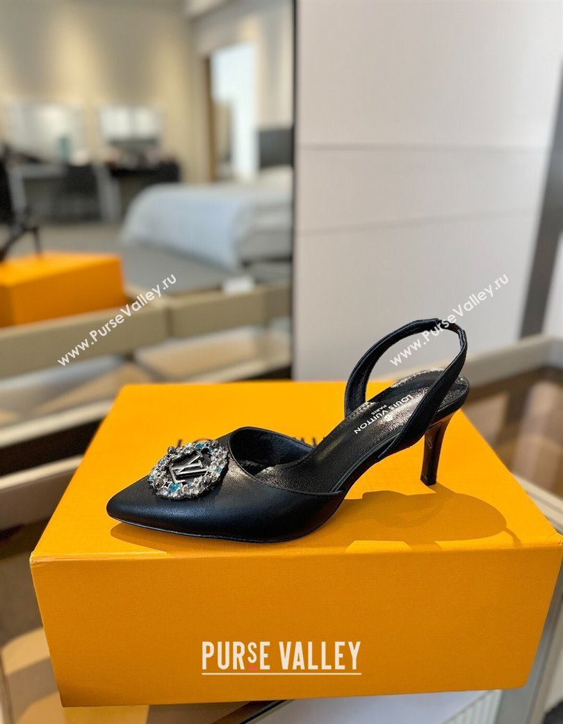 Louis Vuitton Madeleine Slingback Pumps 7.5cm in Leather with LV Strass Buckle Black 2025 0224 (SS-250224016)