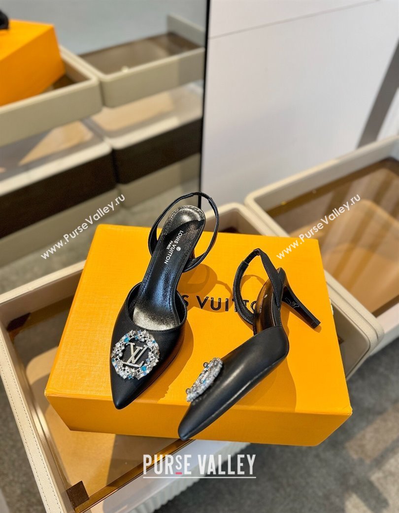 Louis Vuitton Madeleine Slingback Pumps 7.5cm in Leather with LV Strass Buckle Black 2025 0224 (SS-250224016)