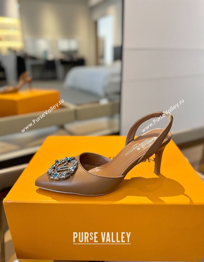 Louis Vuitton Madeleine Slingback Pumps 7.5cm in Leather with LV Strass Buckle Brown 2025 0224 (SS-250224019)