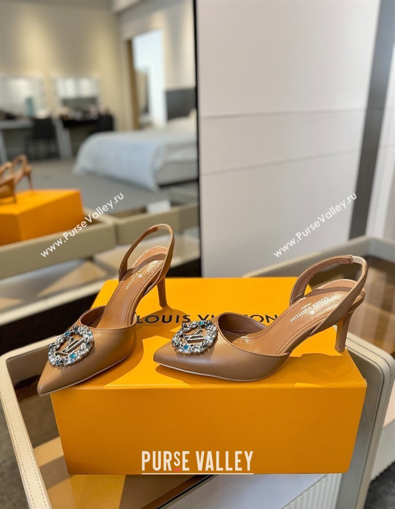 Louis Vuitton Madeleine Slingback Pumps 7.5cm in Leather with LV Strass Buckle Brown 2025 0224 (SS-250224019)