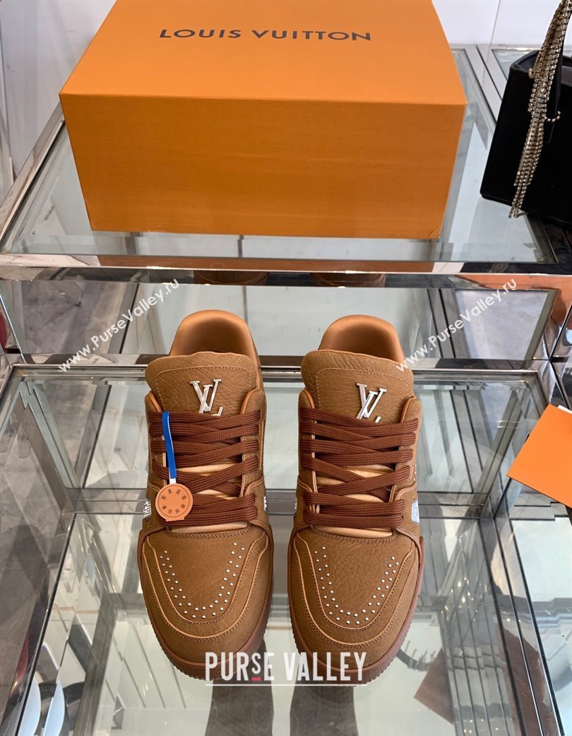 Louis Vuitton Mens LV Trainer Sneakers in Grained Nubuck Leather with Studs Cognac Brown 2025 (KL-250224009)