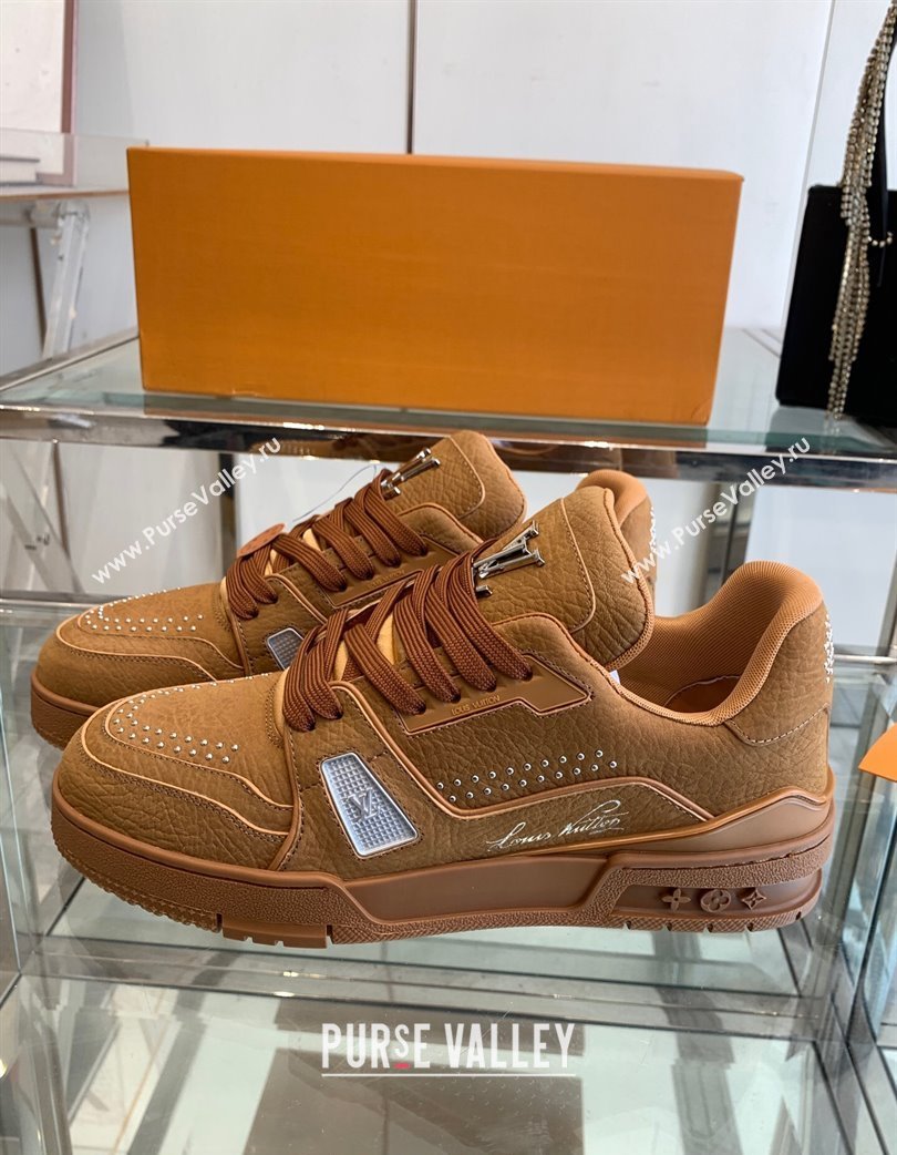 Louis Vuitton Mens LV Trainer Sneakers in Grained Nubuck Leather with Studs Cognac Brown 2025 (KL-250224009)