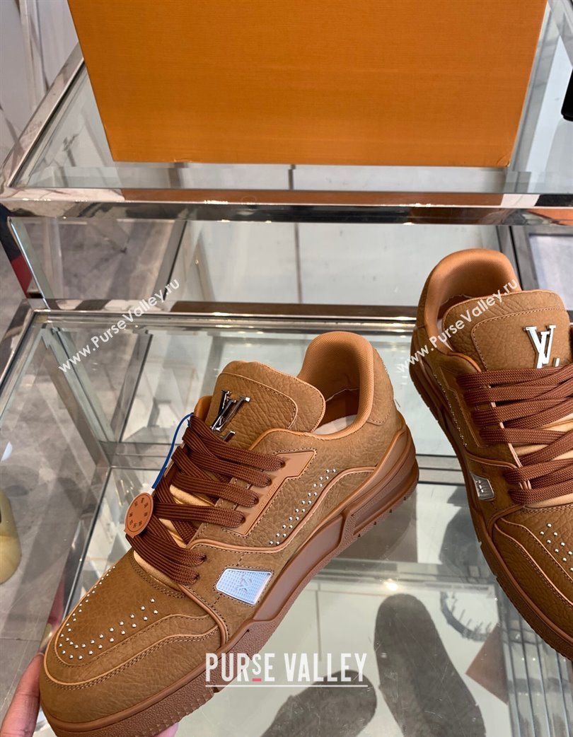 Louis Vuitton Mens LV Trainer Sneakers in Grained Nubuck Leather with Studs Cognac Brown 2025 (KL-250224009)