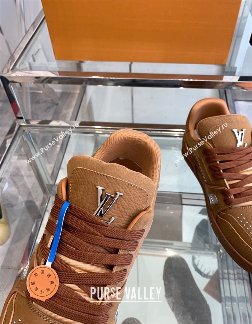 Louis Vuitton Mens LV Trainer Sneakers in Grained Nubuck Leather with Studs Cognac Brown 2025 (KL-250224009)