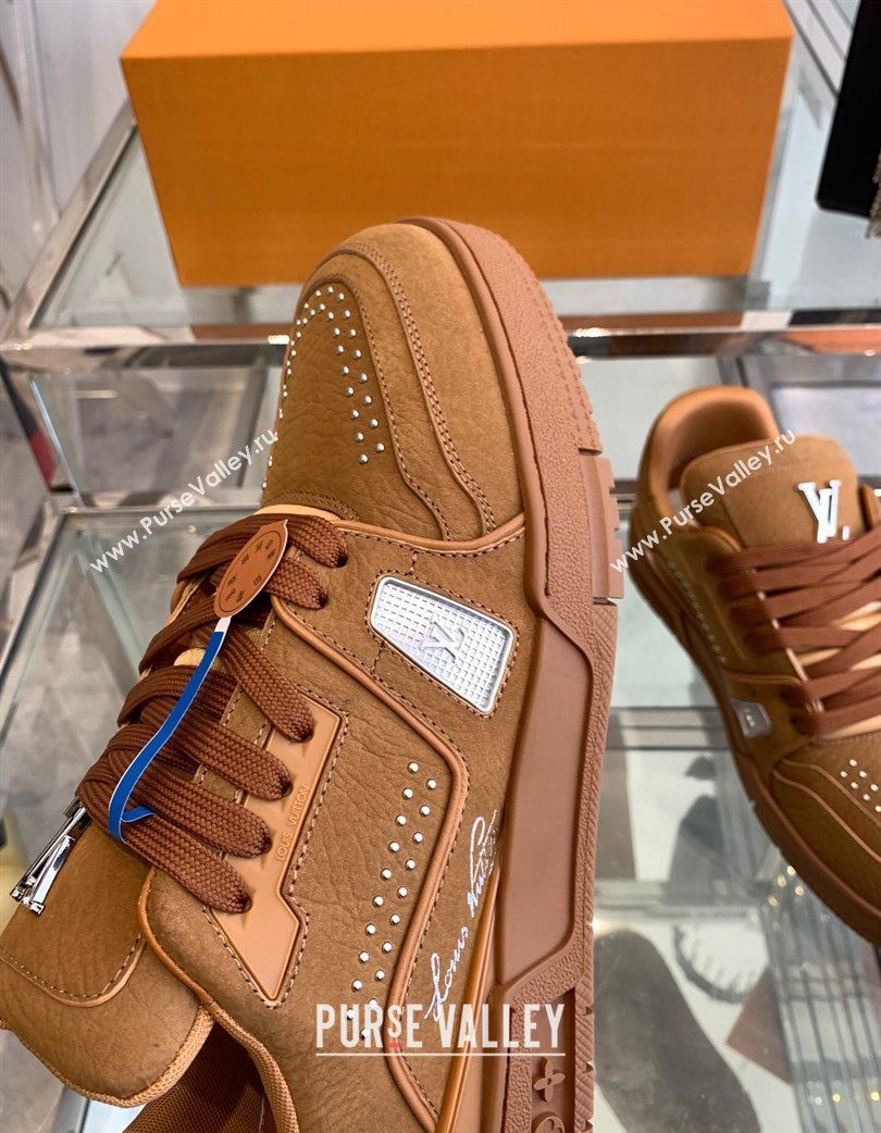 Louis Vuitton Mens LV Trainer Sneakers in Grained Nubuck Leather with Studs Cognac Brown 2025 (KL-250224009)