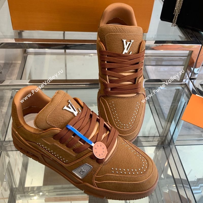 Louis Vuitton Mens LV Trainer Sneakers in Grained Nubuck Leather with Studs Cognac Brown 2025 (KL-250224009)