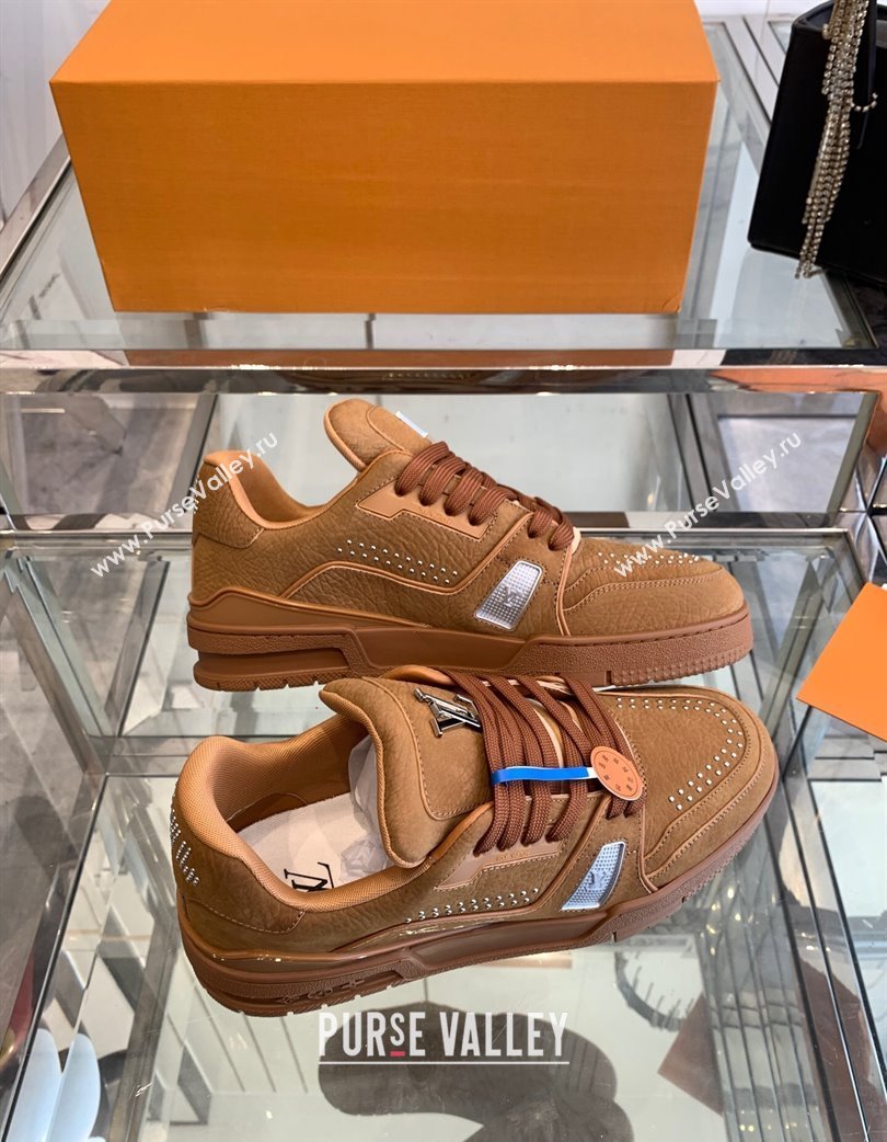 Louis Vuitton Mens LV Trainer Sneakers in Grained Nubuck Leather with Studs Cognac Brown 2025 (KL-250224009)