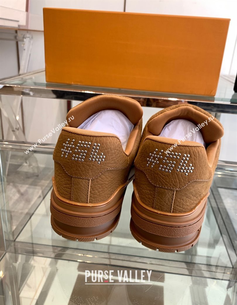 Louis Vuitton Mens LV Trainer Sneakers in Grained Nubuck Leather with Studs Cognac Brown 2025 (KL-250224009)