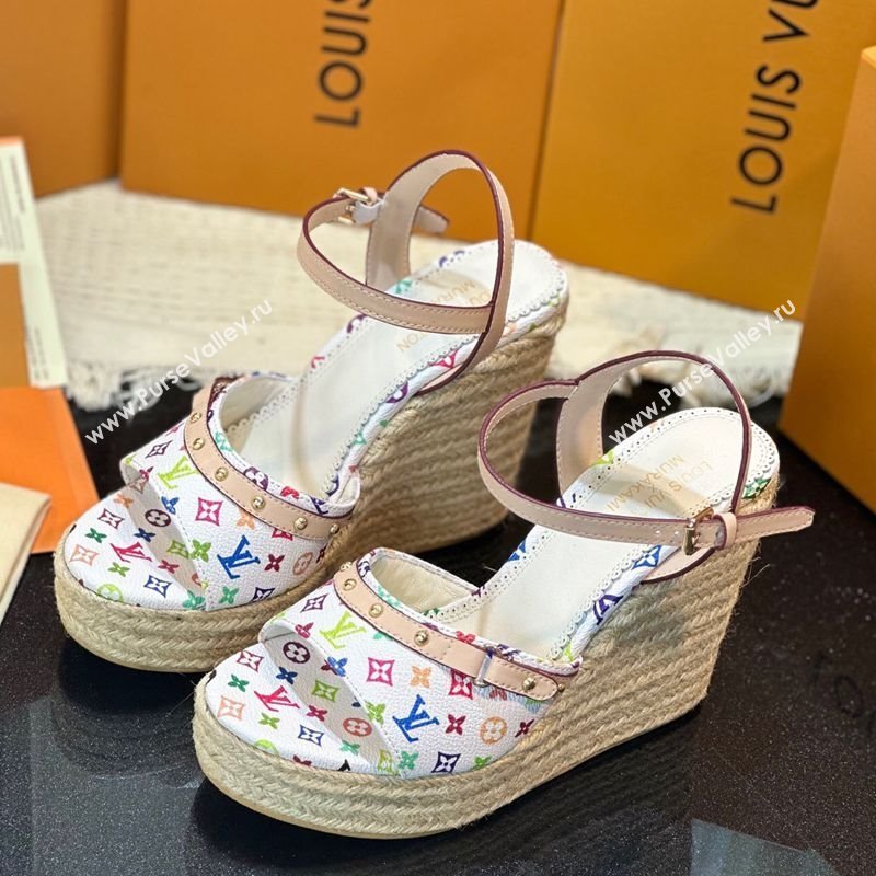 Louis Vuitton LV x TM Helios Wedge Sandals 8cm in Multicolor Monogram Canvas White 2025 (MD-250222063)