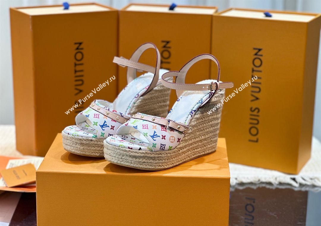 Louis Vuitton LV x TM Helios Wedge Sandals 8cm in Multicolor Monogram Canvas White 2025 (MD-250222063)