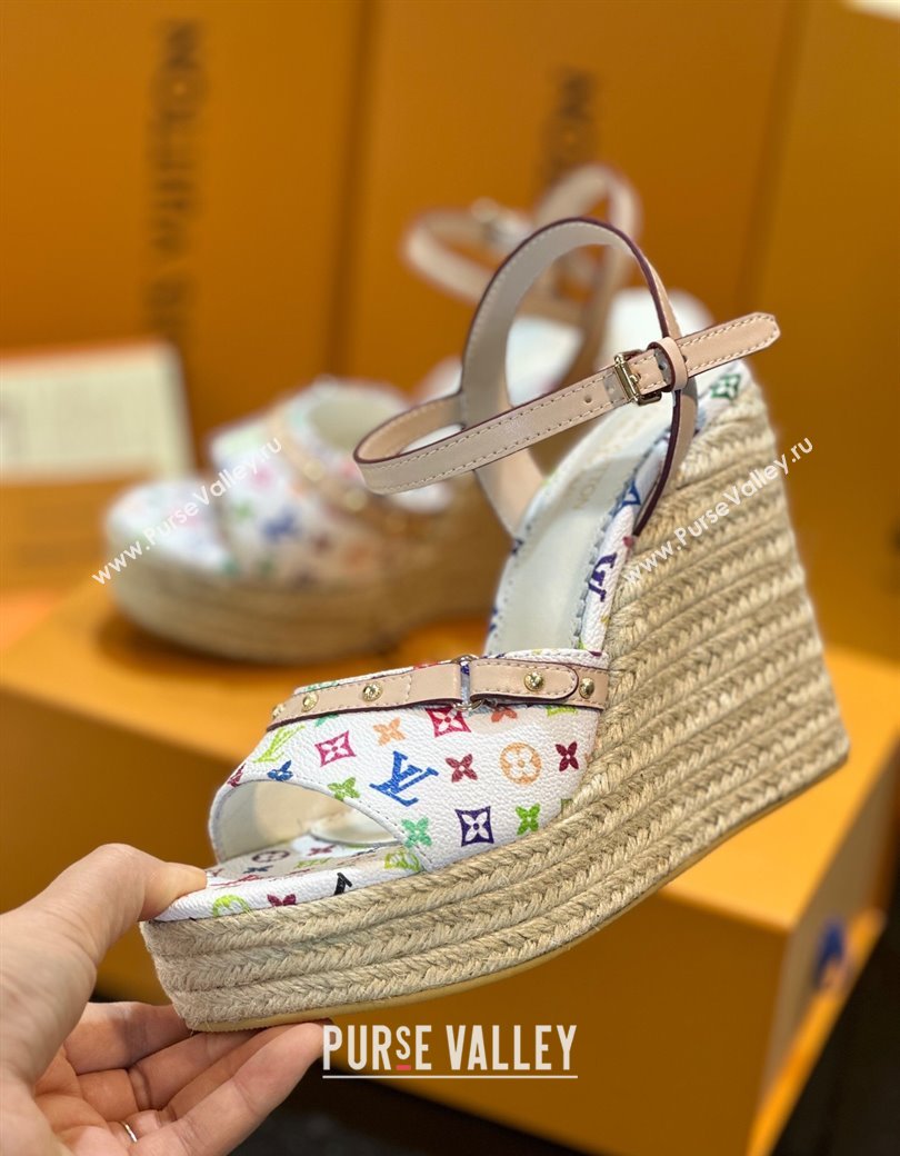 Louis Vuitton LV x TM Helios Wedge Sandals 8cm in Multicolor Monogram Canvas White 2025 (MD-250222063)