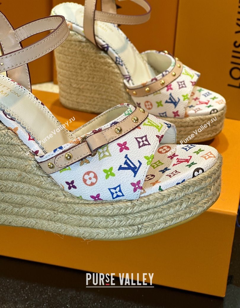 Louis Vuitton LV x TM Helios Wedge Sandals 8cm in Multicolor Monogram Canvas White 2025 (MD-250222063)