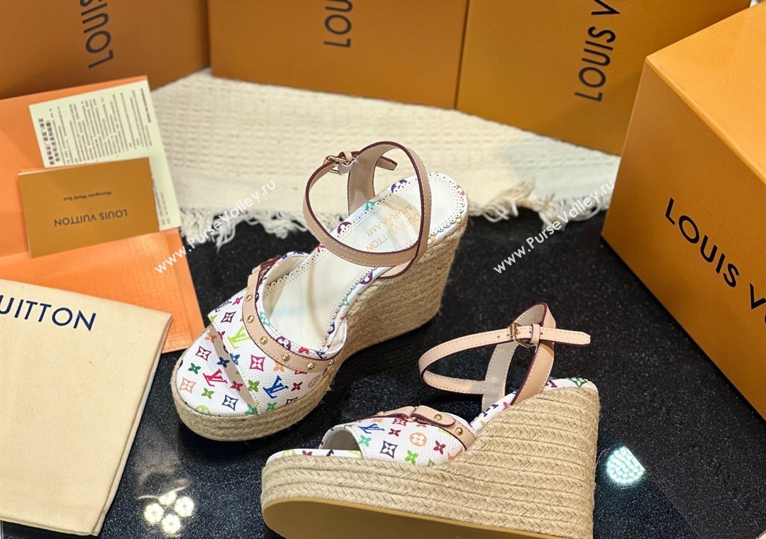 Louis Vuitton LV x TM Helios Wedge Sandals 8cm in Multicolor Monogram Canvas White 2025 (MD-250222063)