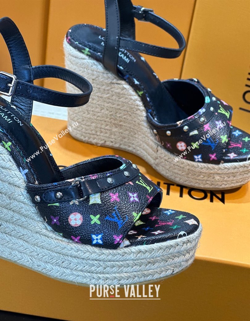 Louis Vuitton LV x TM Helios Wedge Sandals 8cm in Multicolor Monogram Canvas Black 2025 (MD-250222064)